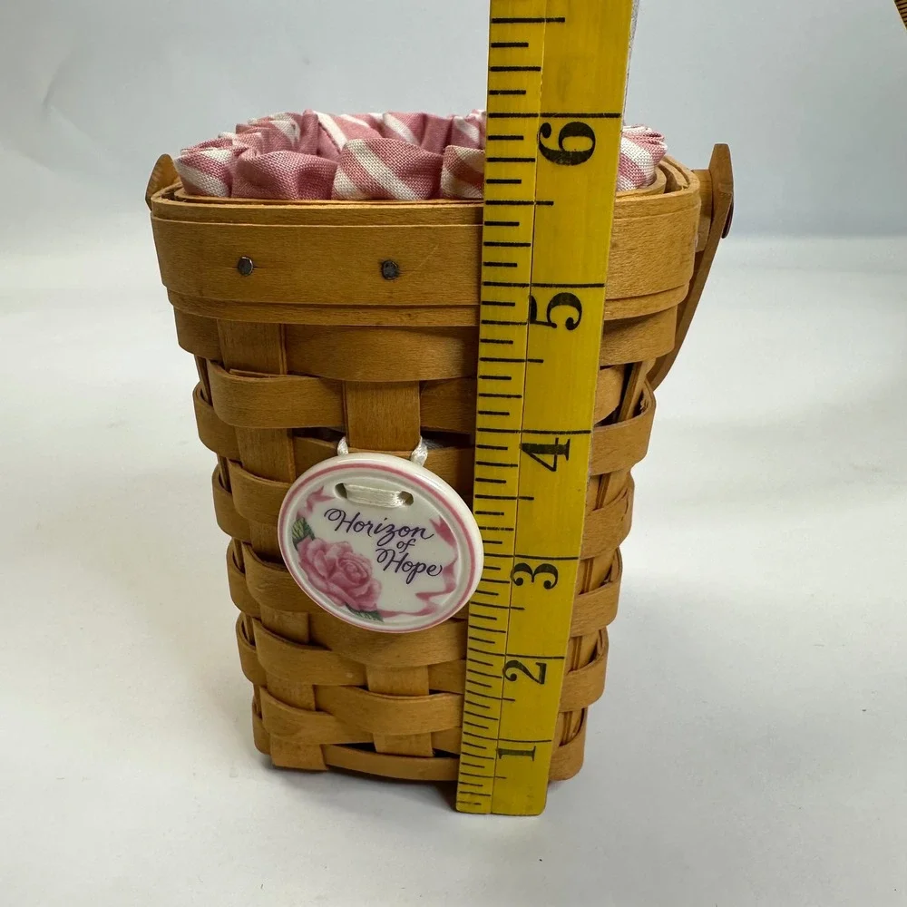 Longaberger Horizon of Hope Basket Pink Striped Liner Ceramic Rose Tie-On